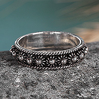 Sterling silver band ring, 'Myriad Suns' - Sun-Themed Oxidized and Polished Sterling Silver Band Ring