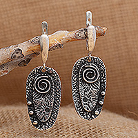 Sterling silver dangle earrings, 'Spiral Ovals' - Textured Darkened Spiral Themed Oval Silver Dangle Earrings