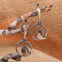 Sterling silver dangle earrings, 'Birdsong Circles' - Bird-Themed Whimsical Sterling Silver Dangle Earrings