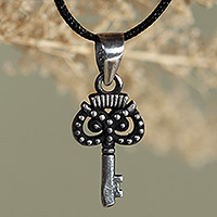 Sterling silver long pendant necklace, 'Key of Protection' - Key-Themed Silver Long Pendant Necklace with Cotton Cord