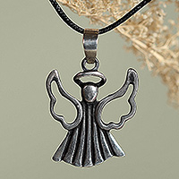 Sterling silver long pendant necklace, 'Angel of Safekeeping' - Silver Long Pendant Necklace with Guardian Angel Motif