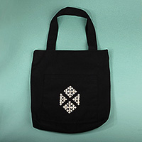 Hand-embroidered marash cotton tote bag, 'Exquisite Elegance' - Cotton Tote Bag with Marash Embroidered Cross-Stone Motif