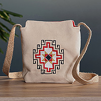 Embroidered sling bag, 'Armenian Chic' - Beige Embroidered Sling Bag with Armenian Cross-Stone Motif