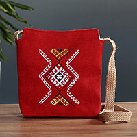 Embroidered sling bag, 'Armenian Charm' - Red Sling Bag with Embroidered Armenian Motif and Jute Strap