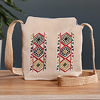 Embroidered sling bag, 'Armenian Route' - Artisan-Made Geometric-Patterned Embroidered Beige Sling Bag