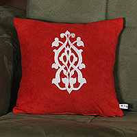 Embroidered cushion cover, 'Vermilion Heritage' - Classic Zippered Acrylic Embroidered Vermilion Cushion Cover