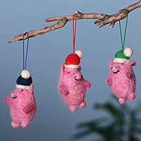 Wool felt ornaments, 'Piglet Hats' (set of 3) - Handcrafted Piglet-Themed 3-Piece Wool Felt Ornament Set