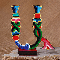 Wood sculpture, 'Ode with A' - Fair Trade Painted Wood Armenian Alphabet Letter A Sculpture