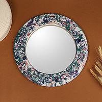 Ceramic mirror, 'Teal Reflections' - Speckle-Patterned Teal and Ivory Glazed Round Ceramic Mirror