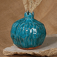 Ceramic vase, 'Turquoise Prophecy' - Armenian Glazed Pomegranate-Shaped Turquoise Ceramic Vase