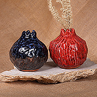 Ceramic vases, 'Twilight Omens' (pair) - Glazed Blue and Red Pomegranate-Shaped Ceramic Vase Pair