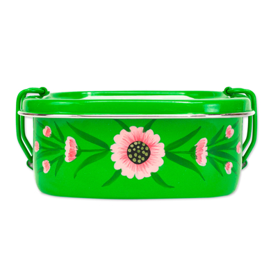 Stainless steel lunch box, 'Floral Green Tiffin' - Hand-painted Stainless Steel Lunch Box Tiffin in Green