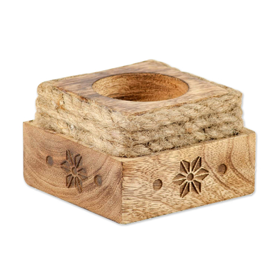 Wood candle holder, 'Light of the Coast' - Wooden Coastal Theme Candle Holder from India