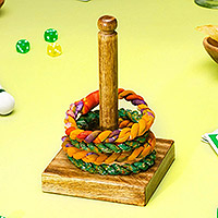 Wooden ring toss game, 'Sari Ring Toss' - Wooden Ring Toss Game with Upcycled Sari Fabric from India