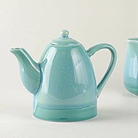 Ceramic glazed tea pot, 'Turquoise' - Turquoise Glazed Tea Pot from Vietnam