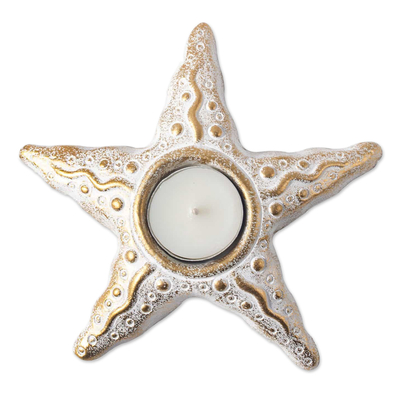 Ceramic candleholder, 'Starfish Serenade' (pair) - Gold Whitewash Starfish Pair of Tealight Candle Holders