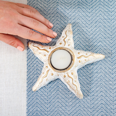 Ceramic candleholder, 'Starfish Serenade' (pair) - Gold Whitewash Starfish Pair of Tealight Candle Holders