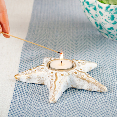 Ceramic candleholder, 'Starfish Serenade' (pair) - Gold Whitewash Starfish Pair of Tealight Candle Holders