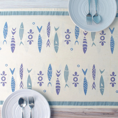 Cotton table runner, 'Seaside Splendor' - Cotton Table Runner with Fish Print from India