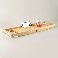 Wood bathtub tray, 'Bathe in Bliss' - Pine Wood Adjustable Bathtub Tray from India