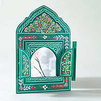 Wood mirror, 'Moroccan Majesty in Green' - Green Handpainted Decorative Mirror from Morocco
