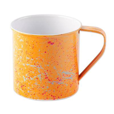 Emaille-Tasse, „Apricot Splatter“ – farbenfrohe handbemalte Tasse aus Edelstahl und Emaille