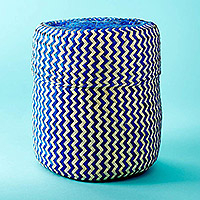 Palm leaf basket, 'Blue Tigre' - Blue Handwoven Palm Leaf Basket from Mexico
