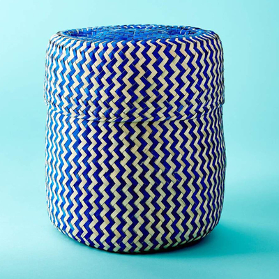 Palm leaf basket, 'Blue Tigre' - Blue Handwoven Palm Leaf Basket from Mexico