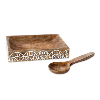 Wood bowl and spoon, 'Snack Time' - Handcarved Wooden Bowl and Spoon from India