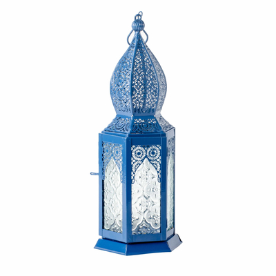 Aluminum and glass hanging candle holder, 'Bazaar Blue' (large) - Blue Hanging Lantern with Decorative Glass from India