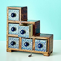 Wood and ceramic jewelry box, 'Stairstep Storage' - Wood & Ceramic Tabletop Storage Cabinet from India
