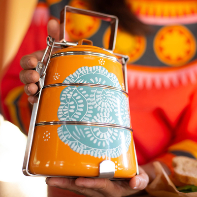 Stainless steel lunch box, 'Tiered Tiffin in Orange' - Orange and Teal Stainless Steel Lunch Box Tiffin from India