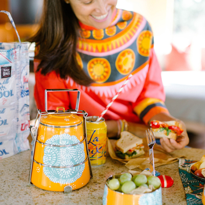 Stainless steel lunch box, 'Tiered Tiffin in Orange' - Orange and Teal Stainless Steel Lunch Box Tiffin from India