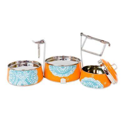 Stainless steel lunch box, 'Tiered Tiffin in Orange' - Orange and Teal Stainless Steel Lunch Box Tiffin from India