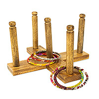 Wooden ring toss game, 'Play-Time Sari' - Wooden Ring Toss Game with Sari Wrapped Rings from India