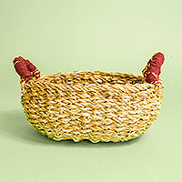 Natural fiber basket, 'Chindi Chic' - Natural Handwoven Basket with Upcycled Sari Fabric