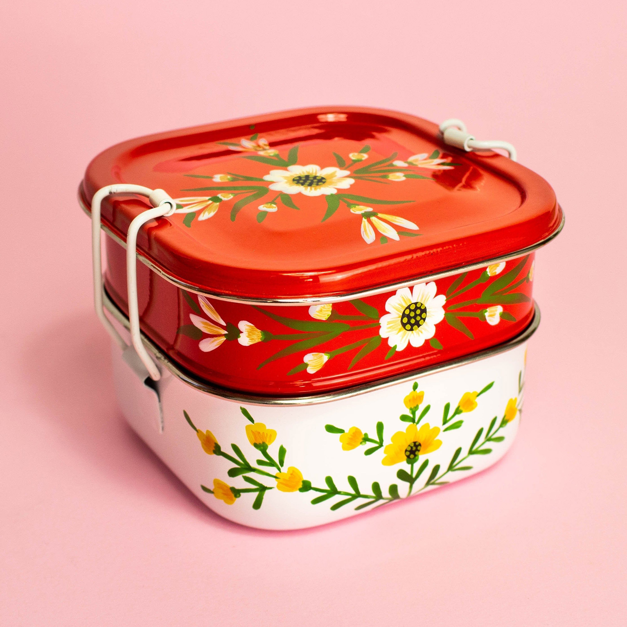 Stainless Steel Lunch Box Tiffin Red and White Floral, 'Two-Tier Tiffin