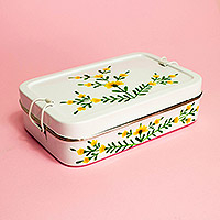 Stainless steel lunch box, 'Floral White Tiffin' - colourful Floral Stainless Steel Lunch Box Tiffin