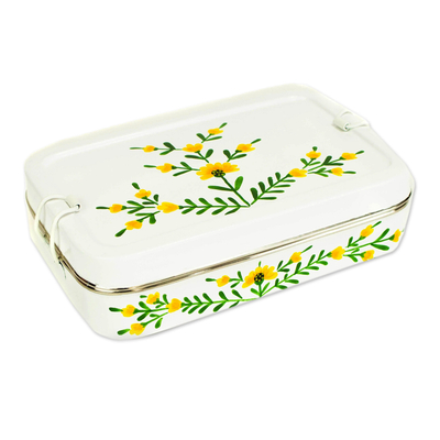 Stainless Steel Lunch Box Tiffin Red and White Floral, 'Two-Tier Tiffin