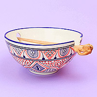 Ceramic noodle bowl, 'Sana' - Colorful Ceramic Noodle Ramen Bowl from Tunisia