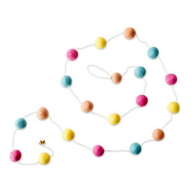 Wool garland, 'Pom-Pom Vibes' - Colorful Hand-felted Pom Pom Garland Decoration from Nepal