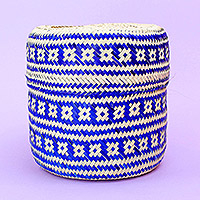 Palm leaf basket, 'Woven Blue' - Blue Handwoven Basket for Decorative Storage from Mexico