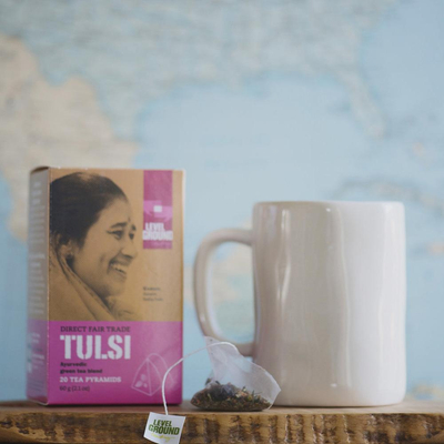 Green tea bags, 'Tulsi Pyramid Tea' - 20 Count Green Tea Pyramids from India