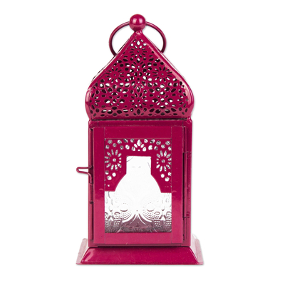 aluminium and glass hanging candle holder, 'Market Maroon' (small) - Small Hanging Lantern in Maroon with Decorative Glass