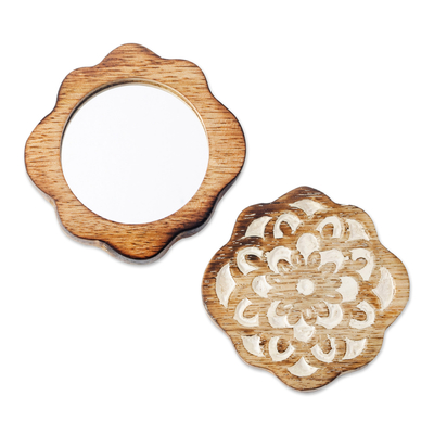 Wood mirror, 'Floral Reflections' - Hand Carved Floral Wooden Mirror from India