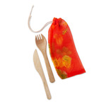 Bamboo utensils, 'Eco Dining' - Reusable Bamboo Utensils with Upcycled Sari Bag from India