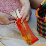 Bamboo utensils, 'Eco Dining' - Reusable Bamboo Utensils with Upcycled Sari Bag from India