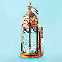 Aluminum and glass hanging candle holder, 'Copper Nights' (medium) - Copper Toned Hanging Lantern with Decorative Glass