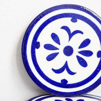 Ceramic coasters, 'Fleur' (set of 4) - Set of 4 Blue Ceramic Pottery Coasters Made in India