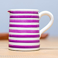 Ceramic creamer pitcher, 'Striped Mauve' - Purple Striped Ceramic Creamer Pitcher from Morocco